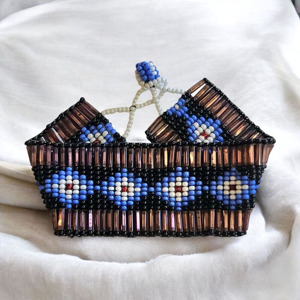 VTG Guatemalan Handcrafted Glass Seed Beadwork Bracelet Blue Black Bronze